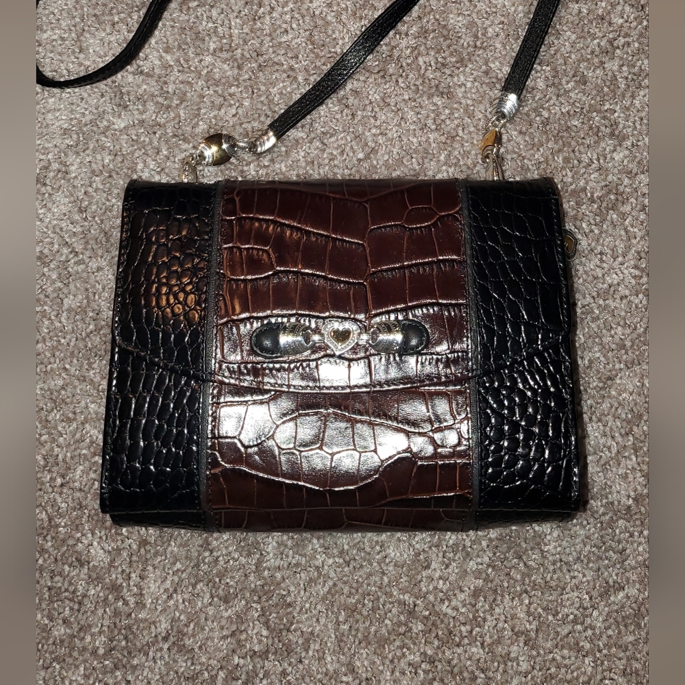 Brighton Black Brown Croc Embossed Leather Crossbody Bag